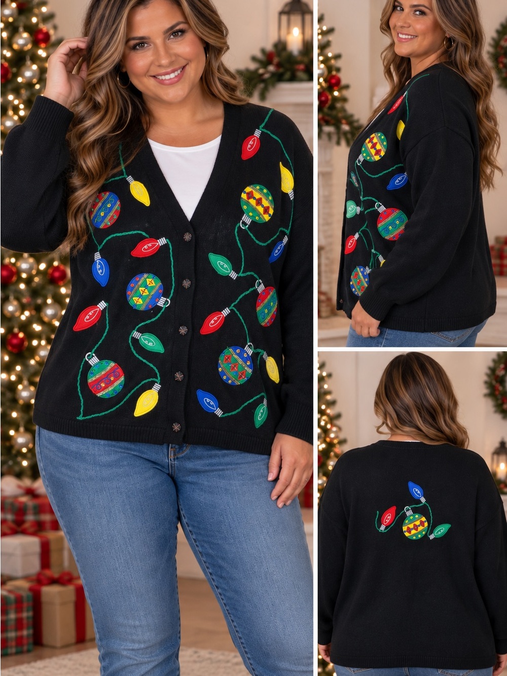 Vintage Mandal Bay XL Christmas Cardigan Black Ornament Lights Embellished